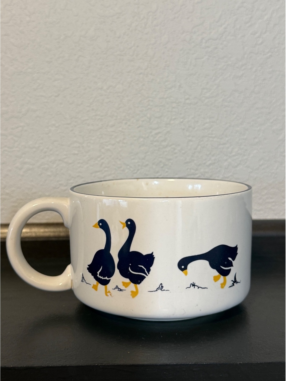 Vintage White Ceramic Soup Mug with Blue Duck Design cottagecore